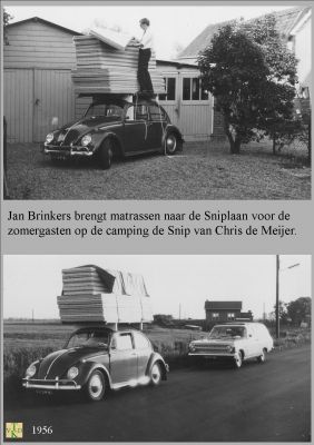  1956 Bedden vervoer. 
Jan Brinkers brengt matrassen naar de Sniplaan voor de zomergasten op de camping de Snip van Chris de Meier
