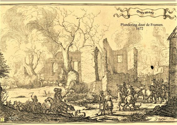 Plundering door de Fransen
Gravure over plundering door de Fransen in Rampjaar 1672.
Het jaar 1672 staat in de Nederlandse geschiedenis bekend als het Rampjaar. Volgens een Nederlands gezegde was -het volk redeloos, de regering radeloos en het land reddeloos-. In dit jaar begon de Hollandse Oorlog en werd de Republiek der Zeven Verenigde Nederlanden aangevallen door Engeland, Frankrijk en de bisdommen Münster en Keulen, onder het gezag van, resp. Bernard von Galen en Maximiliaan Hendrik van Beieren.
Zie website:     https://nl.wikipedia.org/wiki/Rampjaar_1672
De Franse legers konden niet de kortste route door de Spaanse Nederlanden nemen omdat Frankrijk keizer Leopold I, aartshertog van Oostenrijk, buiten de strijd wilde houden. Daarom waren de bisdommen door de Fransen om logistieke redenen tot bondgenoot gemaakt.[1] De binnenvallende legers trokken op 12 juni 1672 over de Rijn bij Lobith (zie Slag bij Tolhuis) en versloegen het zwakke leger van de Republiek en bezetten snel veel grondgebied in het landschap Twente en het graafschap Zutphen.

Door deze tegenslagen brak paniek uit in de niet bezette delen van de Republiek. Veel bestuurders die aan de kant van de tot dat moment leidende partij van de staatsgezinden stonden, werden gedwongen hun posities af te staan aan prinsgezinden. Dit jaar vormde zo ook het eind van het Eerste Stadhouderloze Tijdperk.

De belangrijkste staatsgezinde regent was Johan de Witt. Samen met zijn broer Cornelis verloor hij in dit jaar niet alleen zijn ambt maar ook zijn leven, toen ze door een woedende, door orangistische partijgangers opgezweepte menigte werden vermoord.[2]

Het rampjaar duurde ongeveer 17 maanden volgens Luc Panhuysen.[3] Banken, scholen, winkels, rechtbanken en schouwburgen werden gesloten. Kunsthandelaren en -schilders gingen failliet aan de gevolgen van een heftige crisis.
Trefwoorden: gravure, plunderingen, rampjaar, beeldenstorm