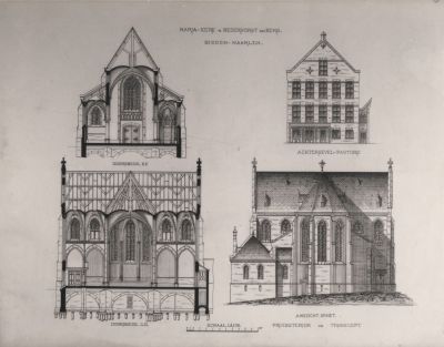 Achtergevel-en-doorsneden
R.K.Kerk, achtergevels en doorsneden.
Architect: Y.Bijvoets GZ Amsterdam.
Uit de atlas RANH Haarlem onder Nederhorst den Berg.
Trefwoorden: Maria ten Hemelopneming-kerk.