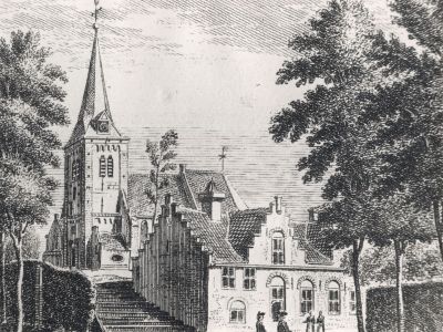 Pentekening-Willibrord-kerk
Pentekening van de Willibrordkerk.
De trapopgang met er naast rijtje kleine huizen.
