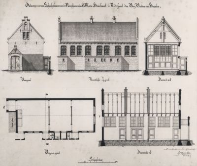 Ontwerp-schoolgebouw
Ontwerp voor een schoolgebouw voor de Parochie van H. Maria Hemelvaart te Nederhorst den Berg
van Architect Y. Bijvoets Gzn. Later ontwierp deze architect de R.K kerk aan de Dammerweg.
Het schoolgebouw is nooit gerealiseerd. Wel werd er een eenvoudiger goedkoper gebouw neergezet
waarin de R.K Naai- en Breischool van start ging o.l.v de Zusters uit Paderborn Duitsland.
