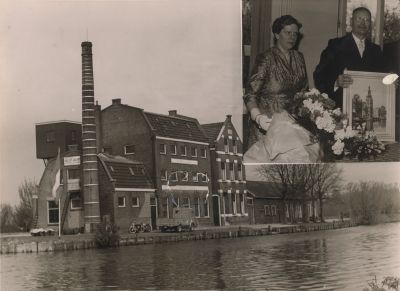 Wasserij-Vechtzicht
Wasserij Vechtzicht aan het eind van de Slotlaan.
Overhandiging van een schilderij en bloemen aan het echtpaar Geriette De Jager en Adriaan Termeij.
Inmiddels is deze wasserij afgebroken en staan er op die plek een paar bungalows.
